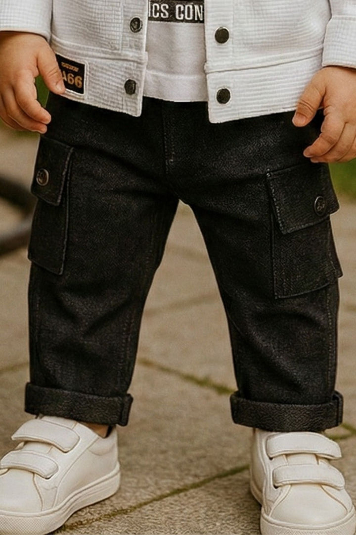 White Printed T-Shirt, Blazer and Black Pant Set for Boys