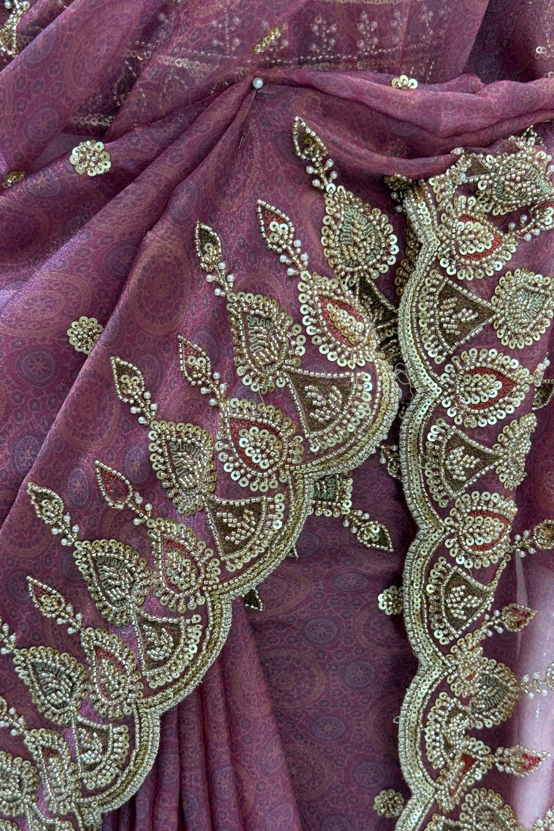 Onion Pink Pearls, Beads and Multicolor Thread work with Self Print Saree
