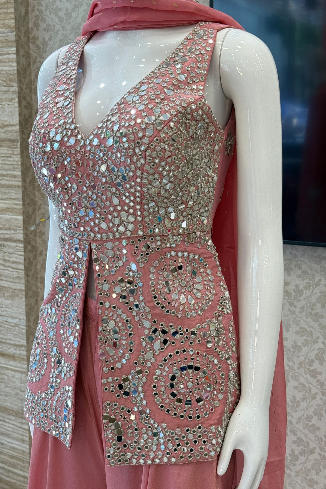 Pink Mirror, Zari and Stone work Top with Palazzo Pant Set