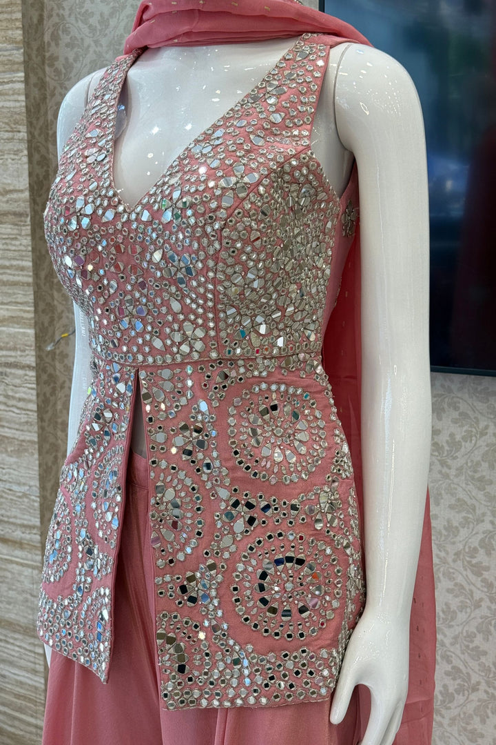 Pink Mirror, Zari and Stone work Top with Palazzo Pant Set