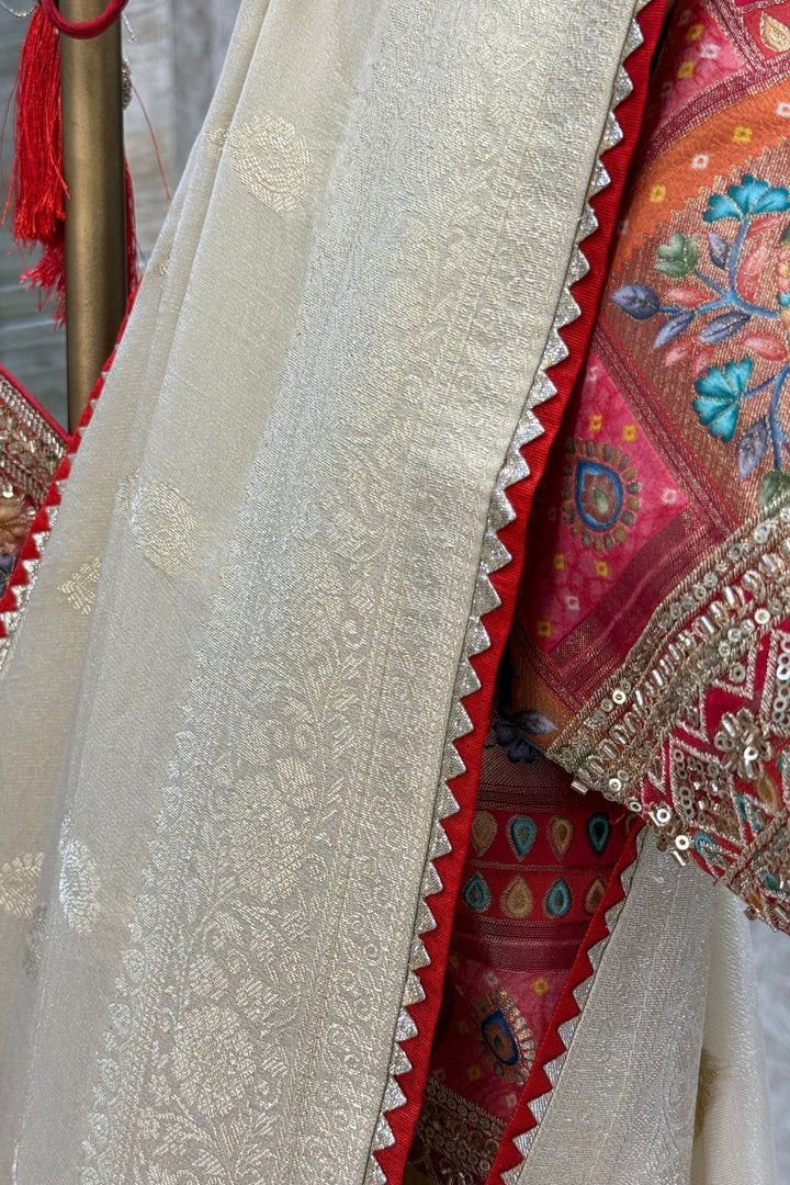 Cream Banaras work Saree with Beads, Zari and Sequins work Readymade Blouse