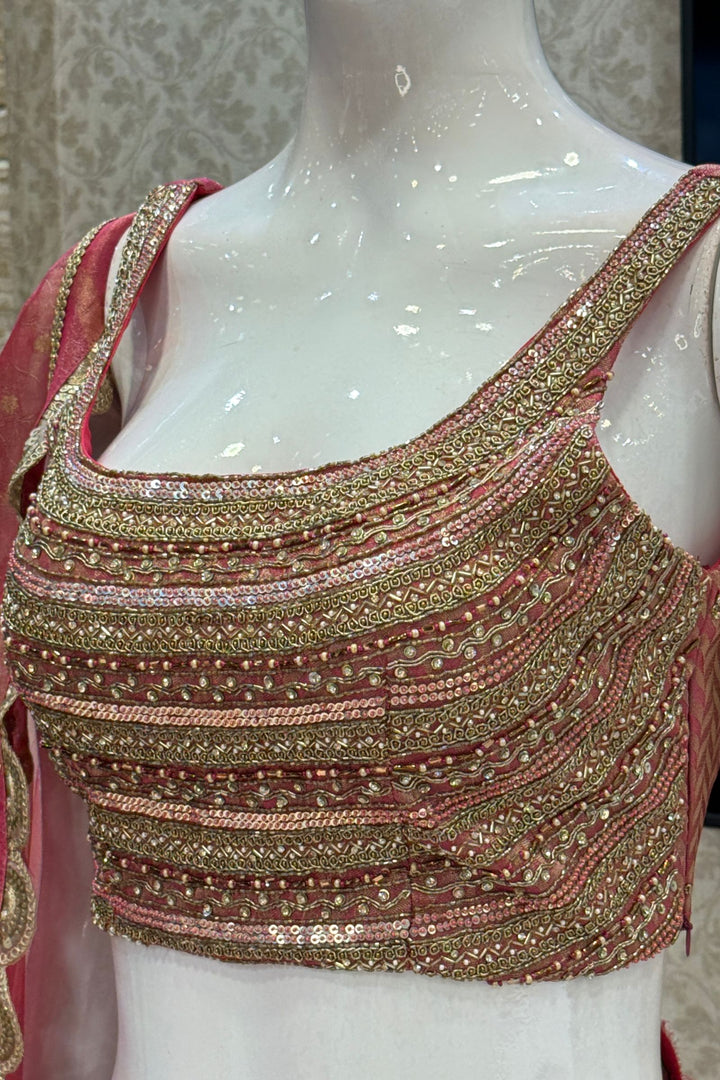 Pink Brocade, Beads, Sequins, Zardozi, Zari and Stone work with Multicolor Lehenga Set