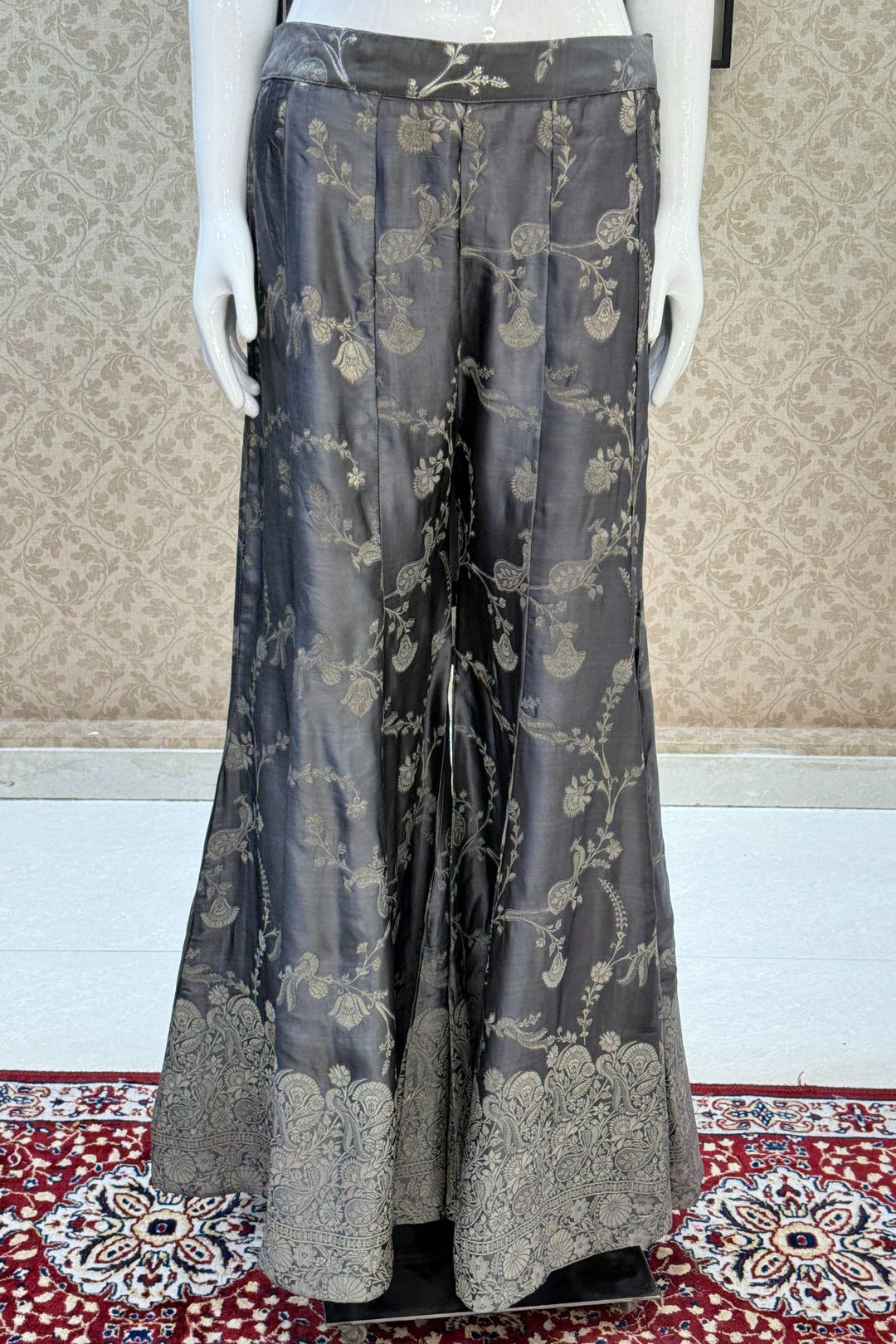 Grey Beads, Sequins, Pearls, Stone and banaras work Crop Top with Palazzo Pant