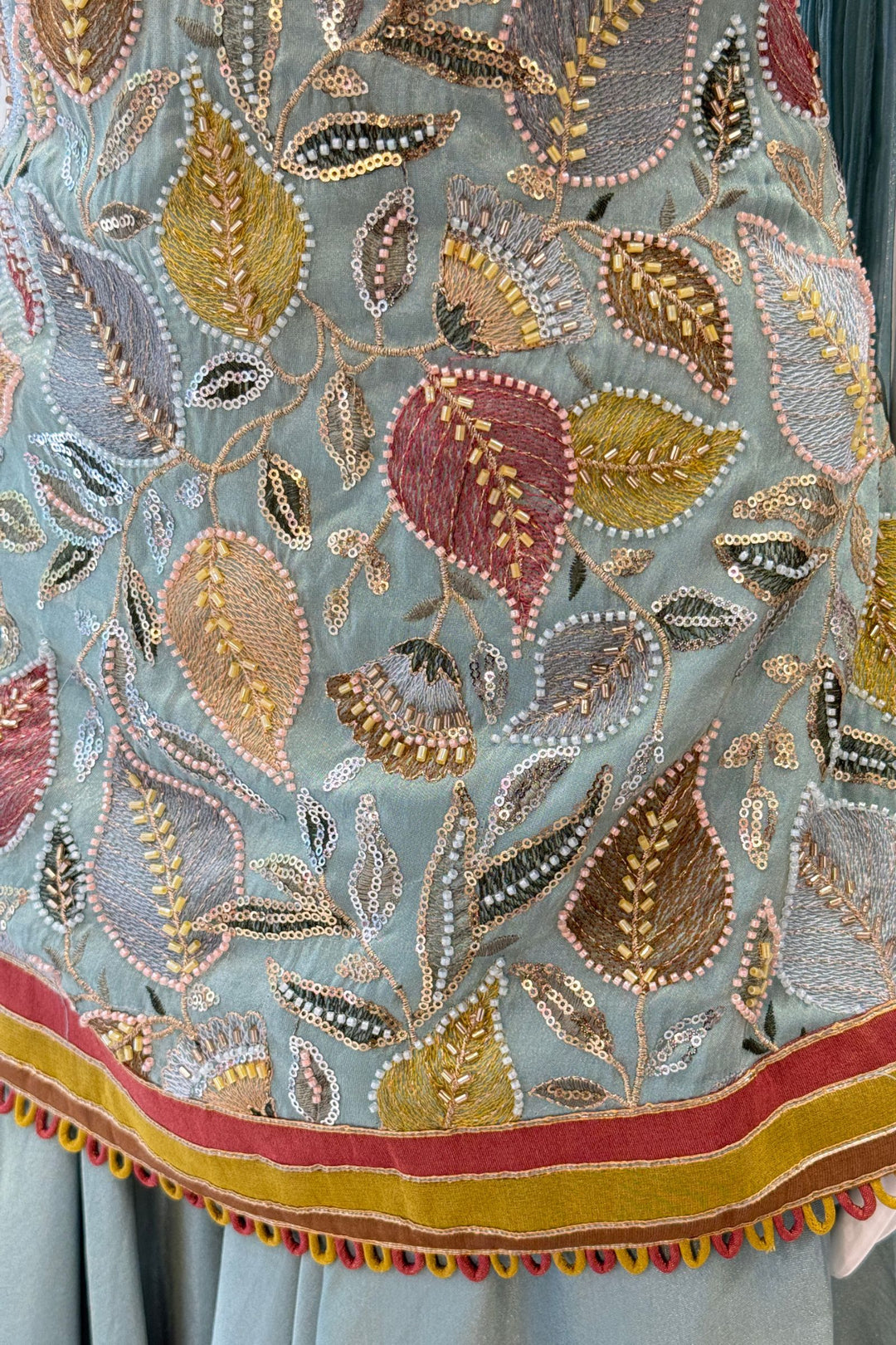 Sea Green Set Featuring All-Over Multicolour Thread and Bead Leaf Embroidery