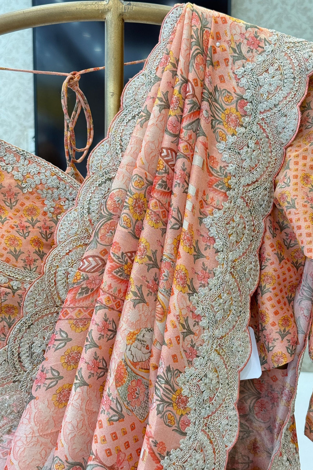 Peach Sequins and Zari work with Digital Print Saree