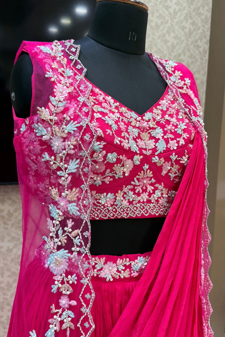 Rani Pink Sequins, Stone and Pearl work Indo-Western Styled Crop Top Lehenga  with Overcoat