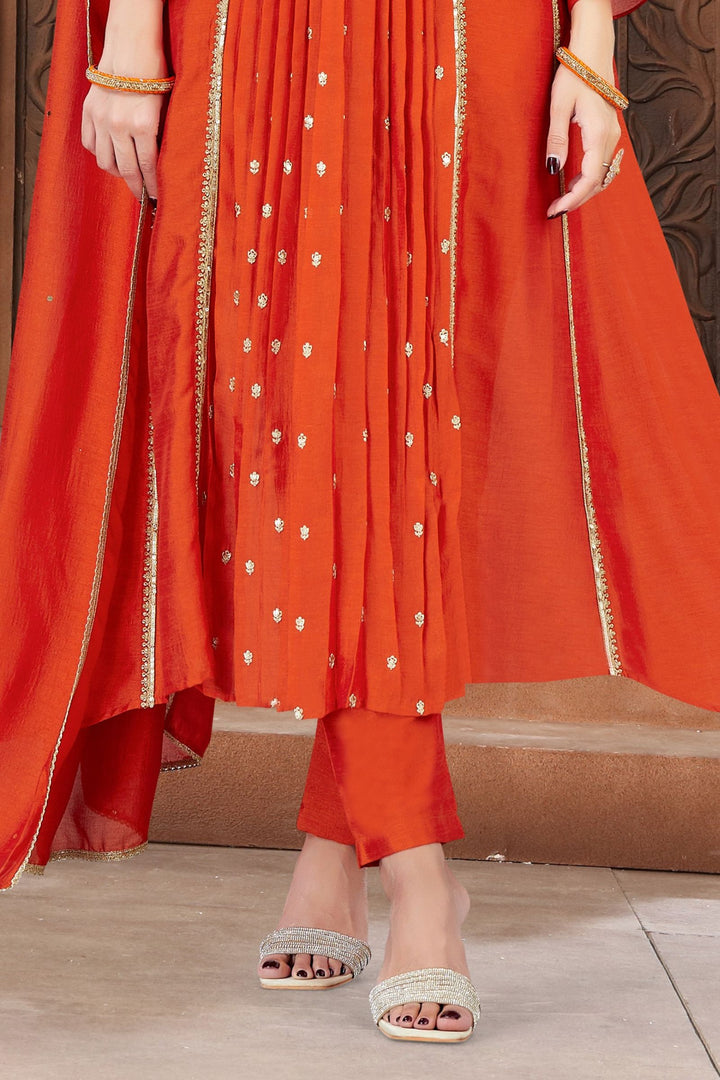 Orange Sequins, Zari and Beads work A-line Cut Salwar Suit