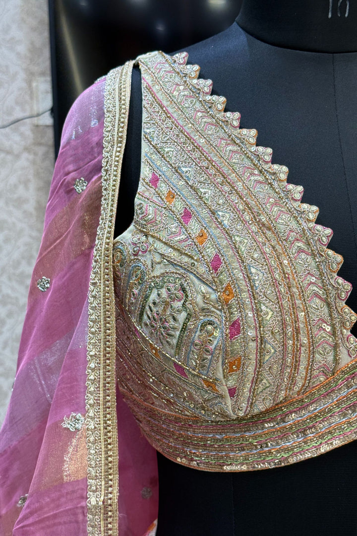 Cream Multicolor Embroidery, Sequins, Zari, Beads and Zardozi work Crop Top Lehenga