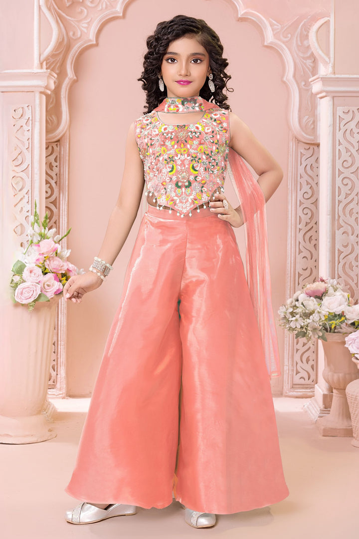 Peach Sequins, Beads and Multicolor Embroidery work Palazzo Suit Set for Girls
