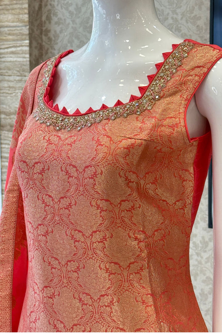Peach Beads, Mirror, Stone, Banaras and Brocade work Straight Cut Salwar Suit