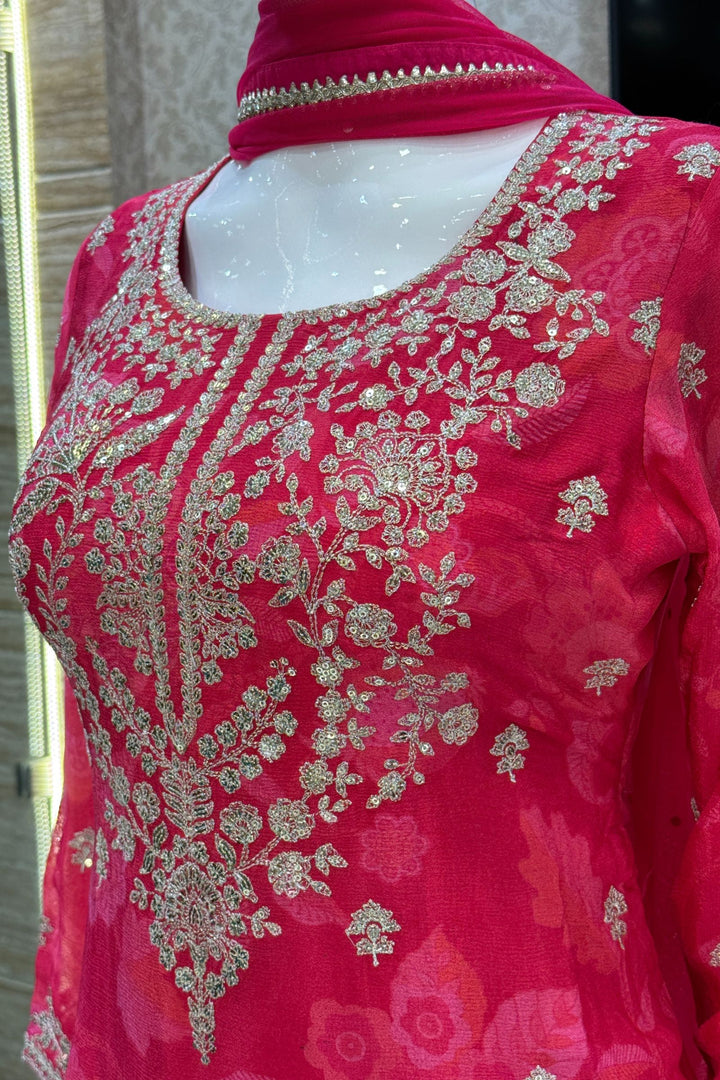 Rani Pink Sequins and Zari work with Digital Print Palazzo Salwar Suit