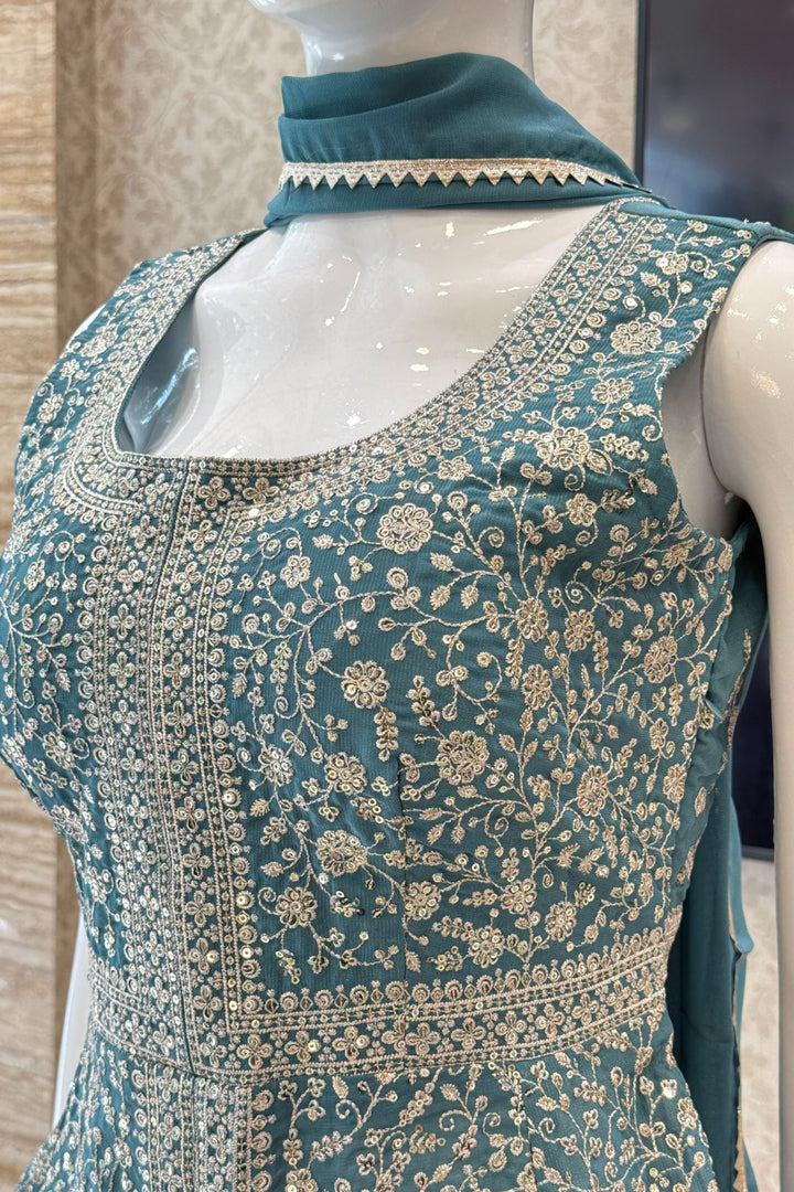 Sea Green Sequins and Zari work Peplum Top with Palazzo Suit Set