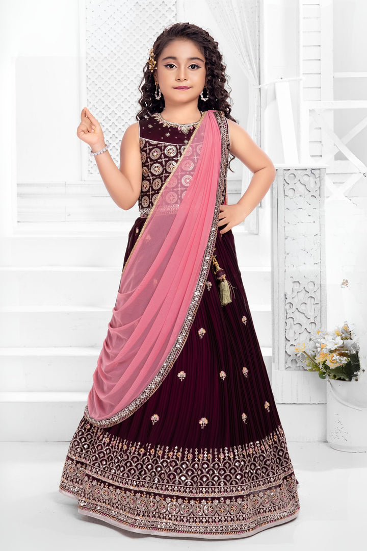 Maroon Sequins, Stone and Thread work Lehenga Choli for Girls