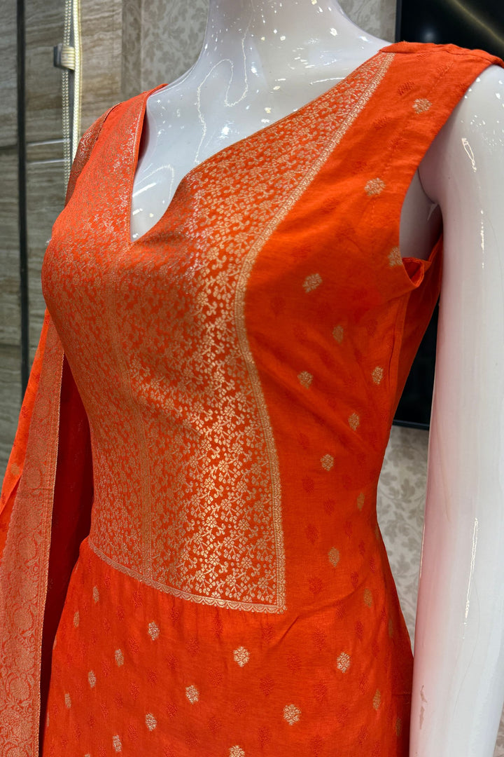 Orange Banaras work V-Neck Straight Cut Salwar Suit
