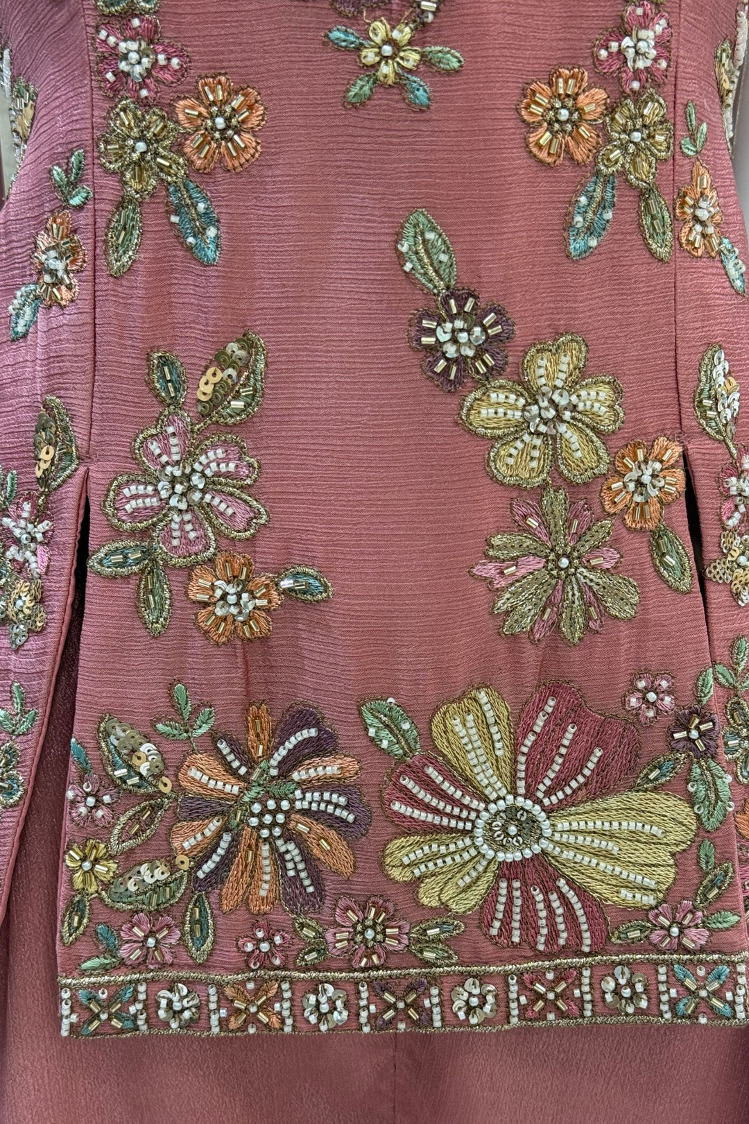 Onion Pink Palazzo Set Featuring All-Over Multicolor Embroidery, Beads, Sequins and Zari
