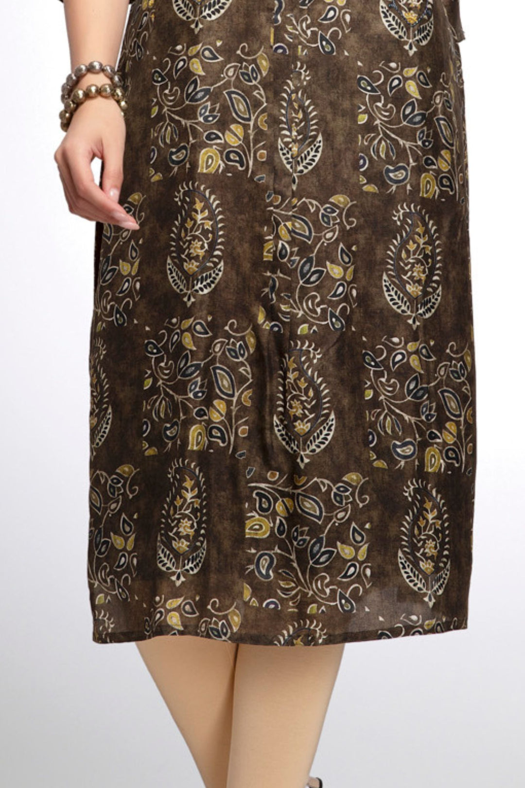 Brown Beads and Zari work with Digital Print Calf Length Kurti