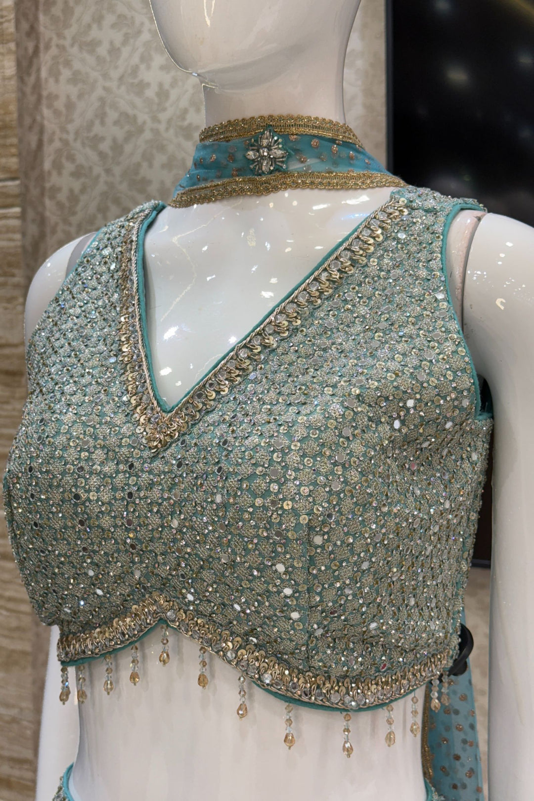 Sea Green with Peacock Green Sequins and Beads work Crop Top with Palazzo Pant