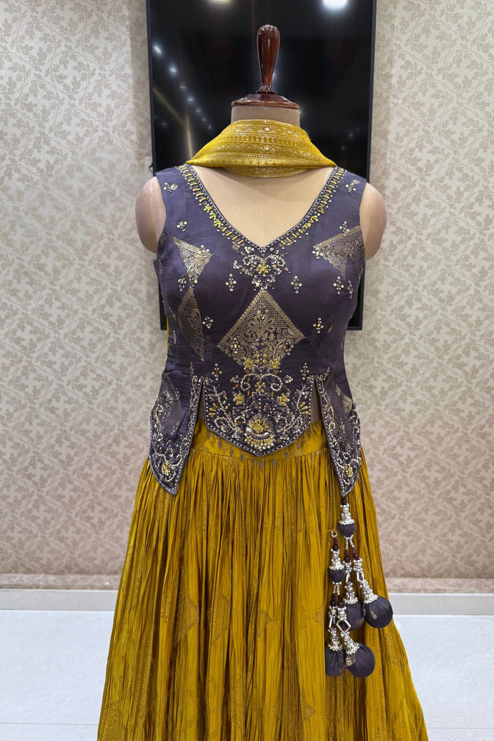 Dark Grey with Mustard Banaras, Mirror, Stone and Zari work Peplum Style Lehenga
