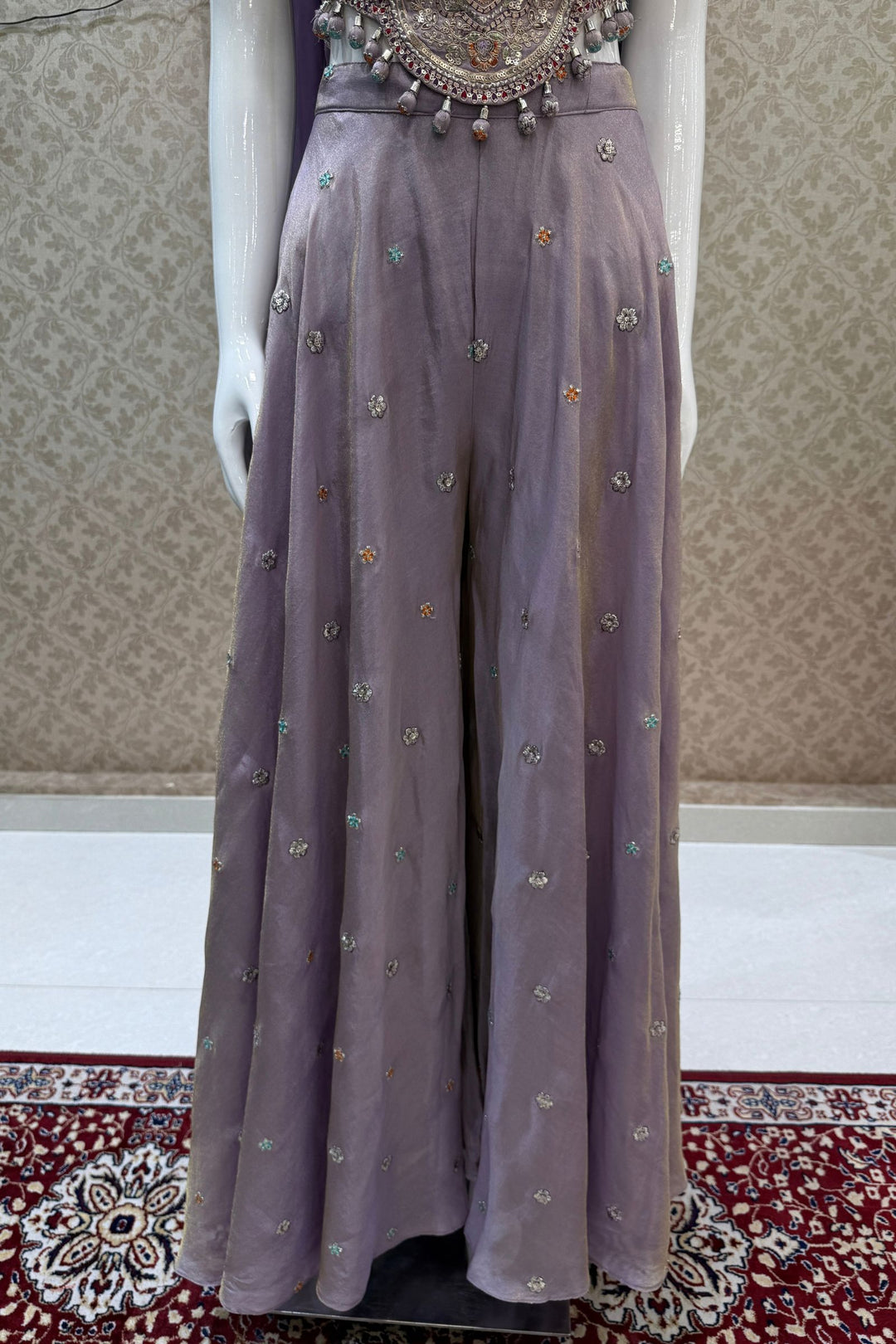 Lavender Zari, Sequins and Multicolor Thread work Palazzo Suit Set