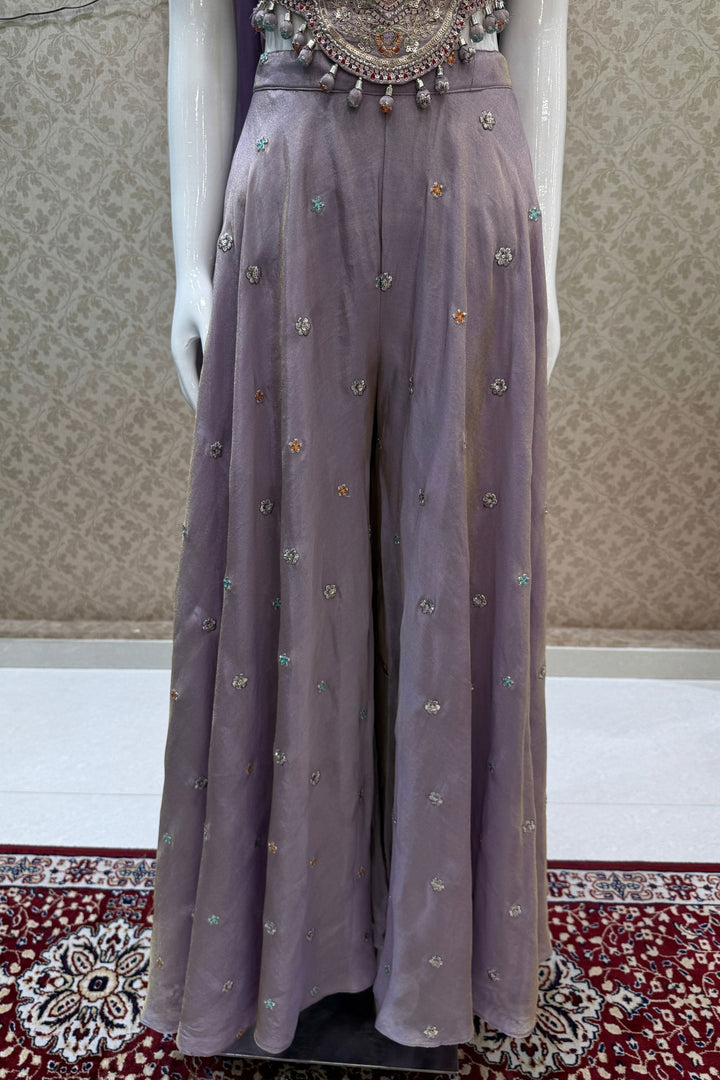Lavender Zari, Sequins and Multicolor Thread work Palazzo Suit Set