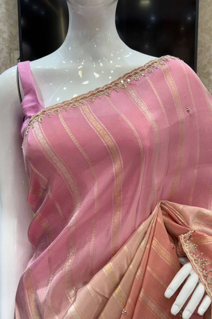 Elegant Pink and Peach Saree with Golden Zari Stripe Detailing