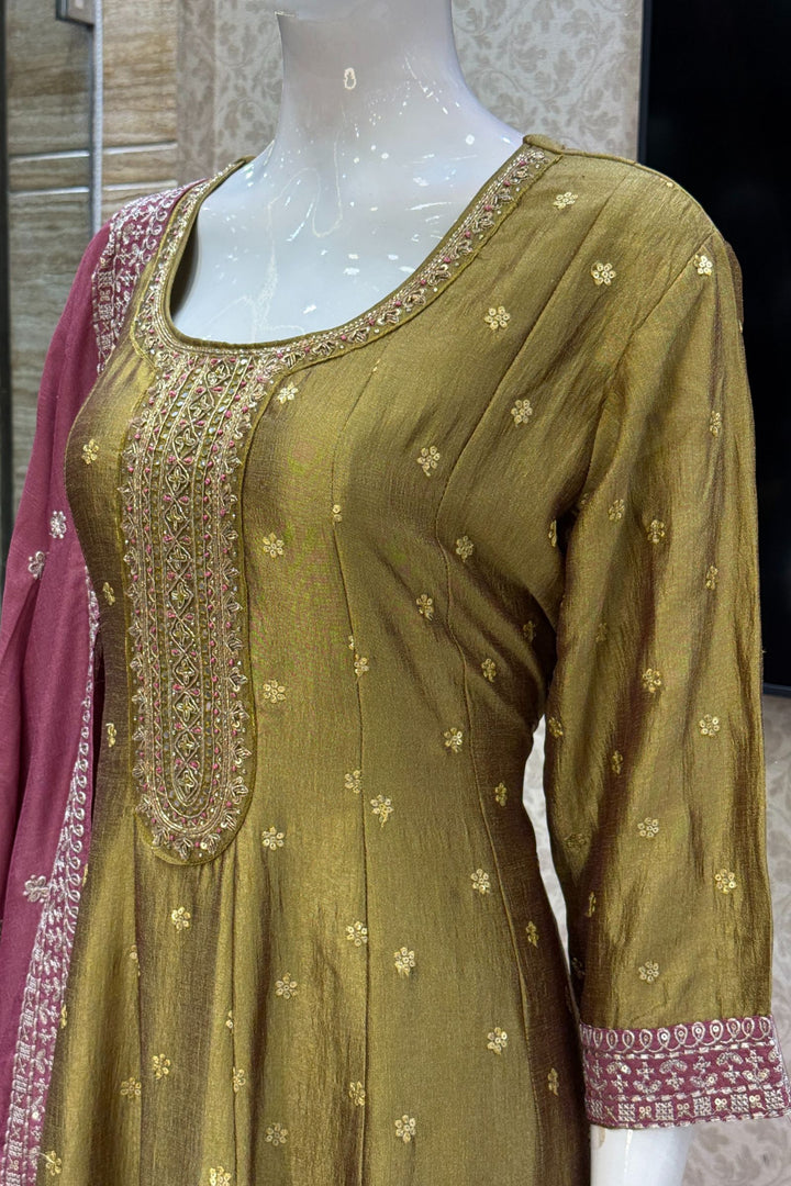 Olive Green Beads, Zardozi, Thread, Sequins, Stone and Zari work A-line Cut Salwar Suit
