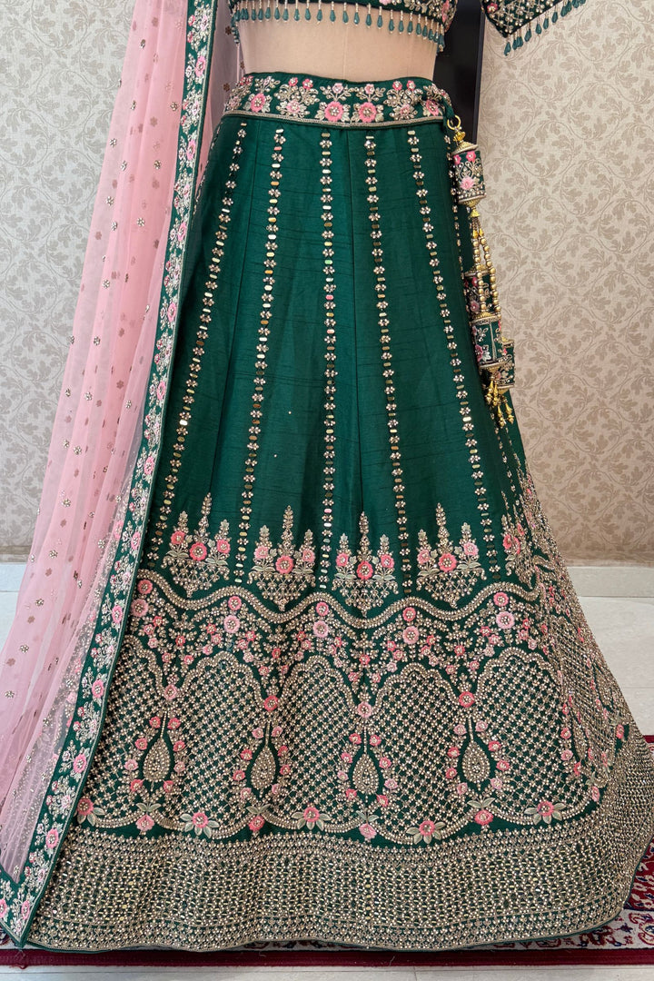 Bottle Green Bridal Lehenga with Pink Dupatta and Stone, Embroidery work