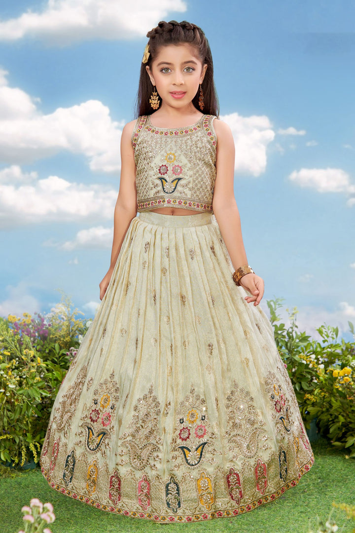 Beige Zari, Sequins and Multicolor Thread work Lehenga Choli for Girls