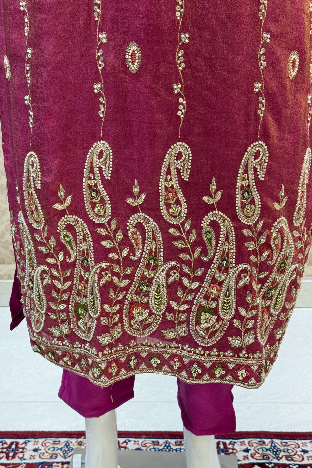 Magenta Pink Beads, Zardozi, Mirror, Pearl, Zari and Sequins work Straight Cut Salwar Suit