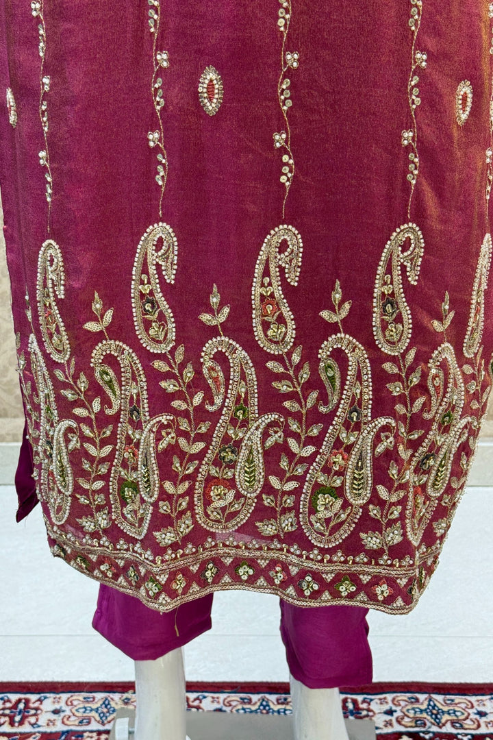 Magenta Pink Beads, Zardozi, Mirror, Pearl, Zari and Sequins work Straight Cut Salwar Suit