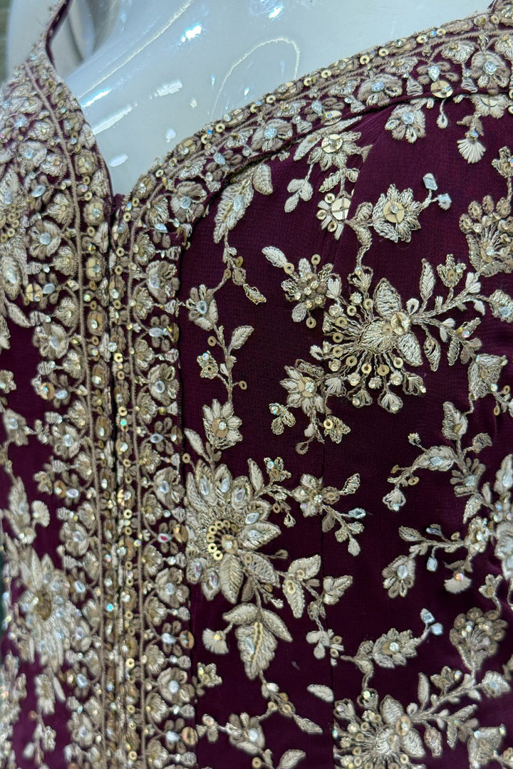 Wine Sequins, Zari, Stone, Mirror and Thread work Sharara Salwar Suit