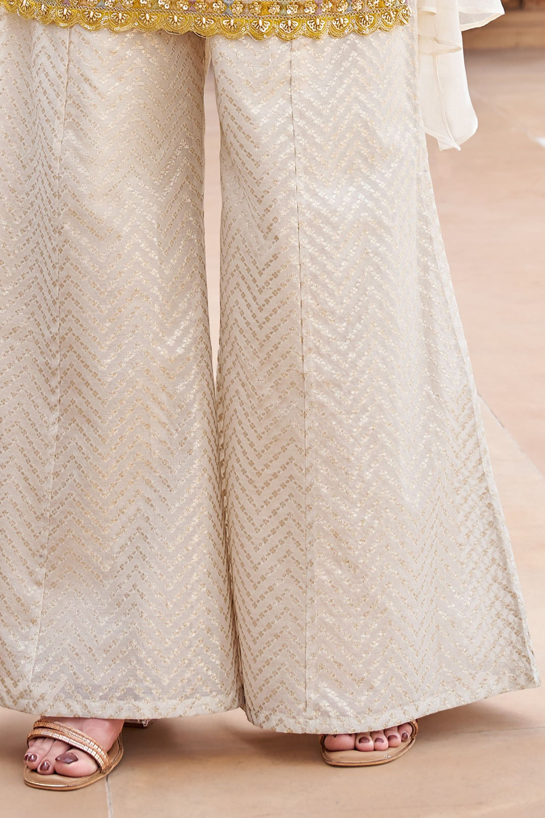 Yellow with Cream Jacquard, Pearl, Multicolor Thread and Zari work Palazzo Salwar Suit