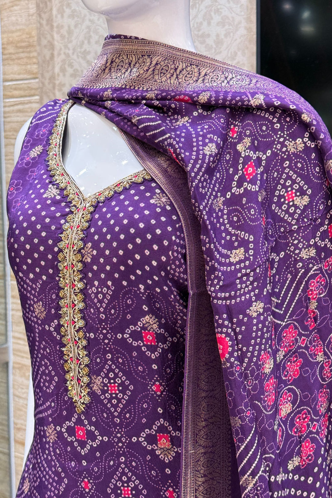 Purple Mirror, Kundan and Banaras work with Bandini Print Straight Cut Salwar Suit