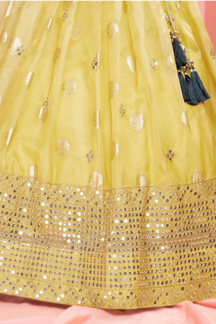 Bottle Green with Lemon Yellow Stone, Zardozi, Zari and Thread work Lehenga Choli for Girls