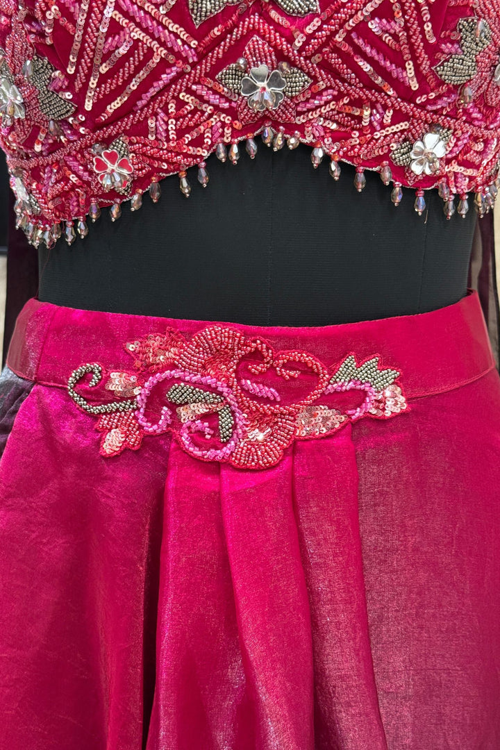 Magenta Mirror, Beads and Sequins work Crop Top Lehenga