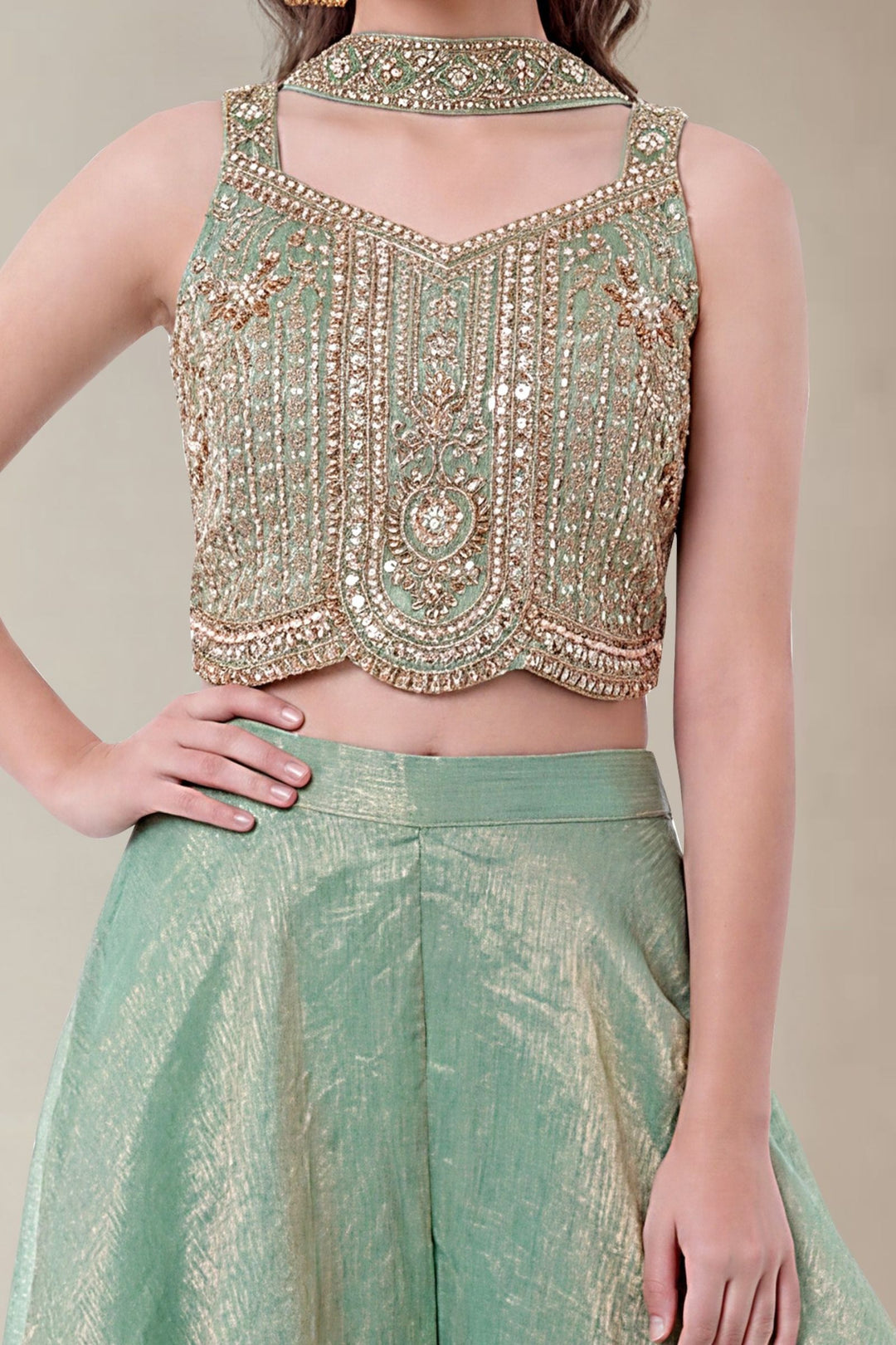 Sea Green Zari, Beads and Sequins work Palazzo Suit Set for Girls