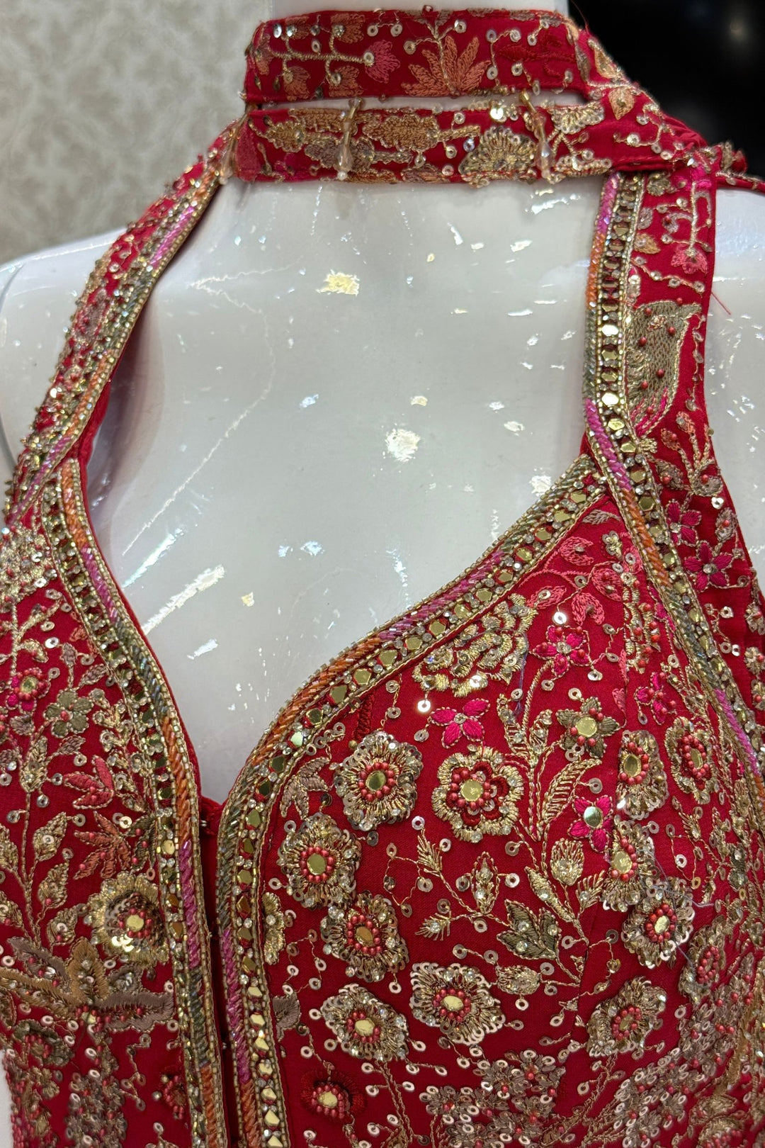 Red Mirror, Stone, Beads, Sequins, Thread and Zari work Palazzo Salwar Suit
