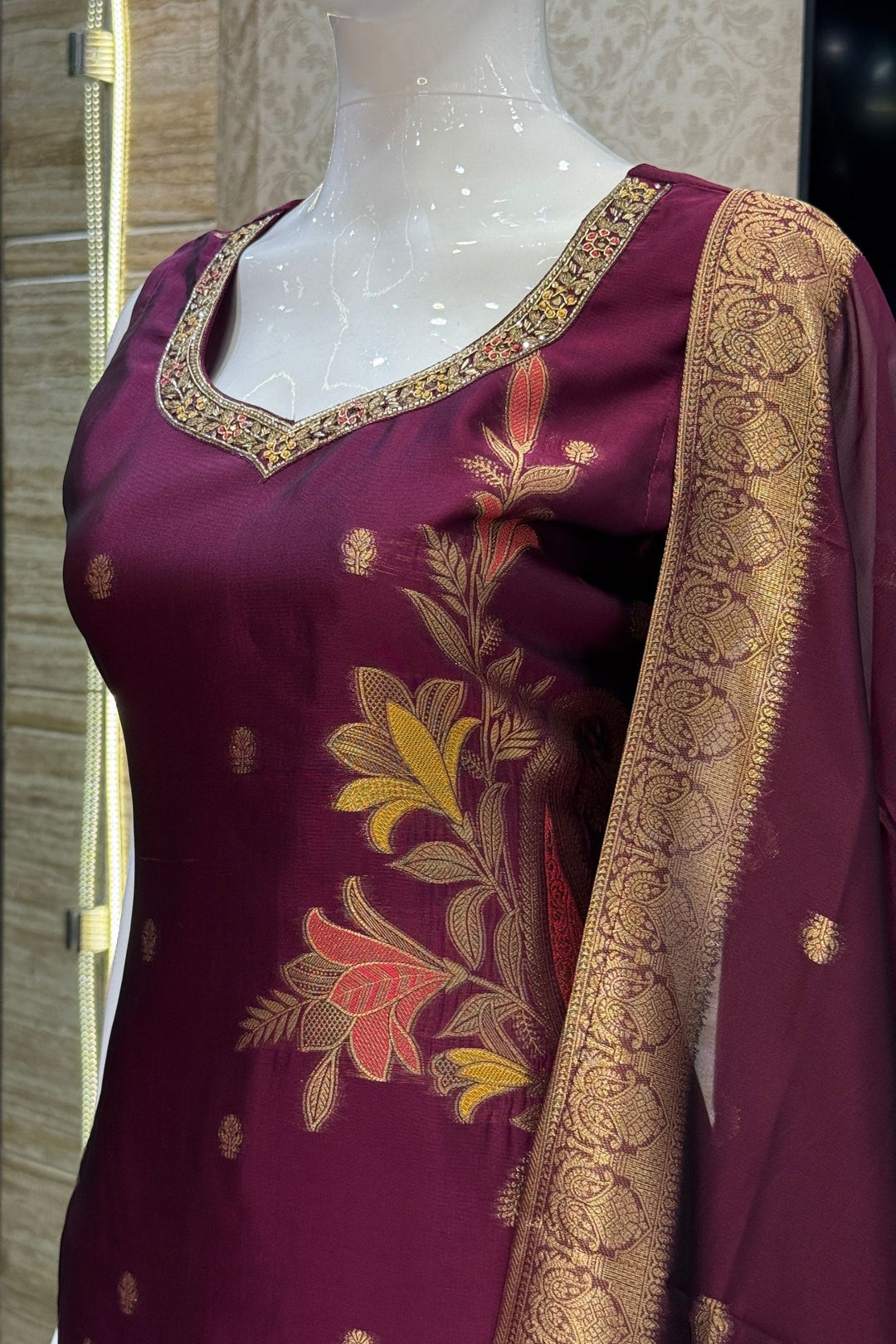 Wine Banaras, Zardozi, Beads, Zari, Stone and Mirror work Straight Cut Salwar Suit
