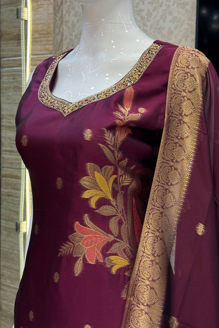 Wine Banaras, Zardozi, Beads, Zari, Stone and Mirror work Straight Cut Salwar Suit