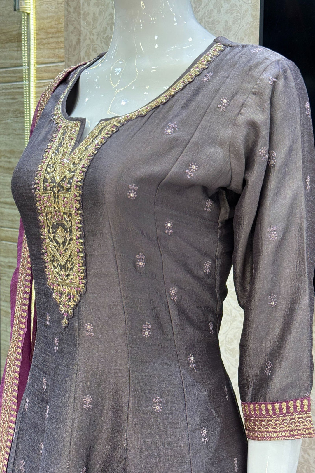 Grey Beads, Zardozi, Thread, Sequins, Stone and Zari work A-line Cut Salwar Suit