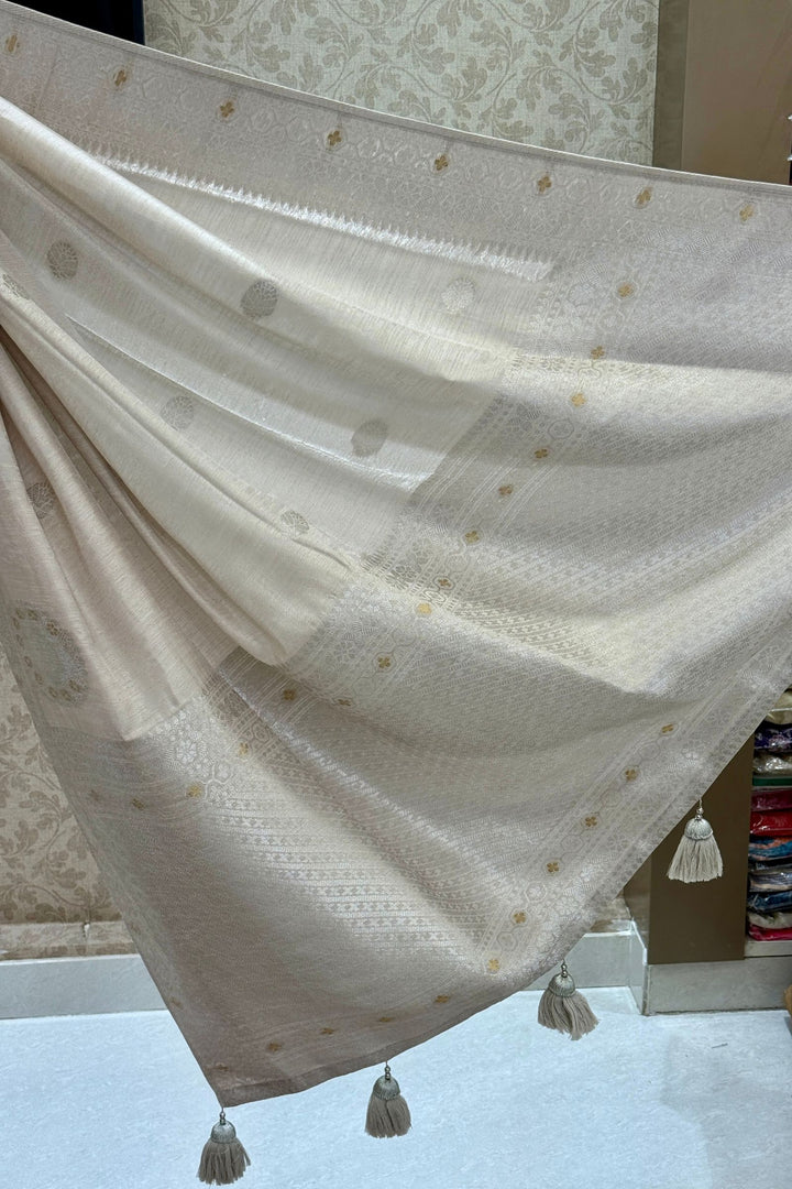 Light Beige Banaras Zari work Saree with Zari and Sequins work Readymade Blouse