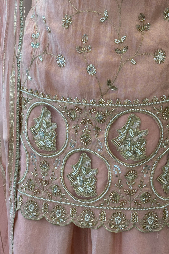 Peach Zari, Sequins and Beads work Palazzo Salwar Suit