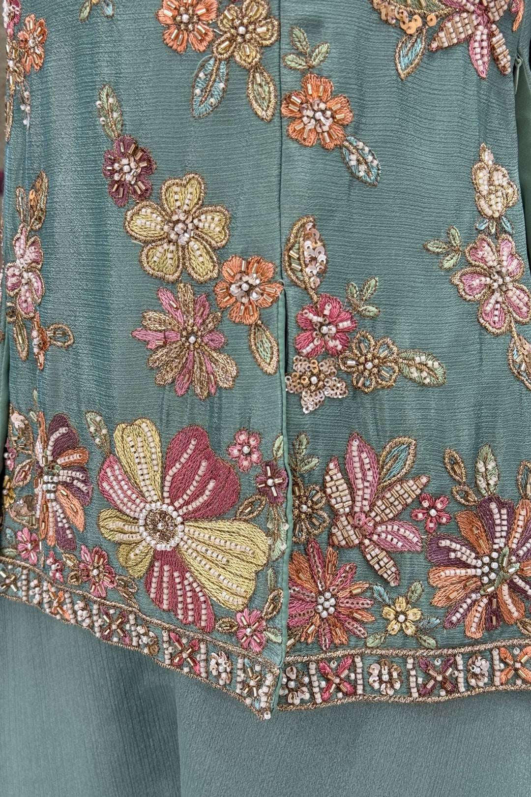 Sea Green Palazzo Set Featuring All-Over Multicolor Embroidery, Beads, Sequins and Zari