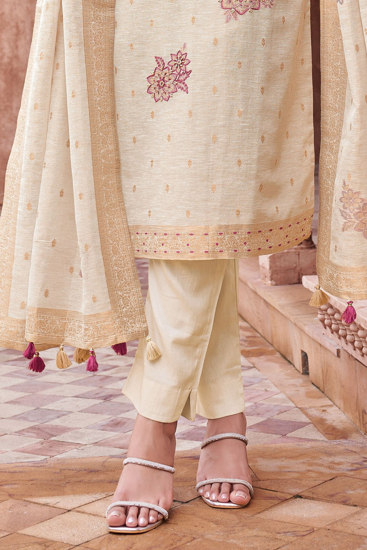 Beige Embroidery, Sequins and Zari work Straight Cut Salwar Suit