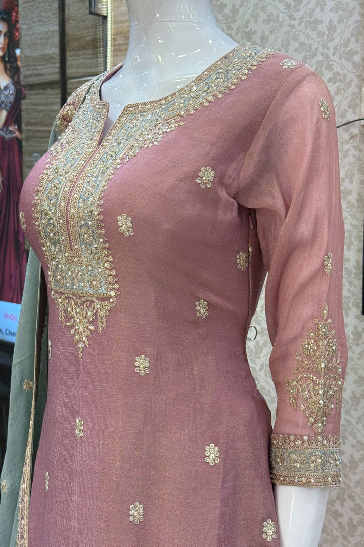 Onion Pink with Sea Green Sequins, Pearls, Stone and Zari work Palazzo Salwar Suit