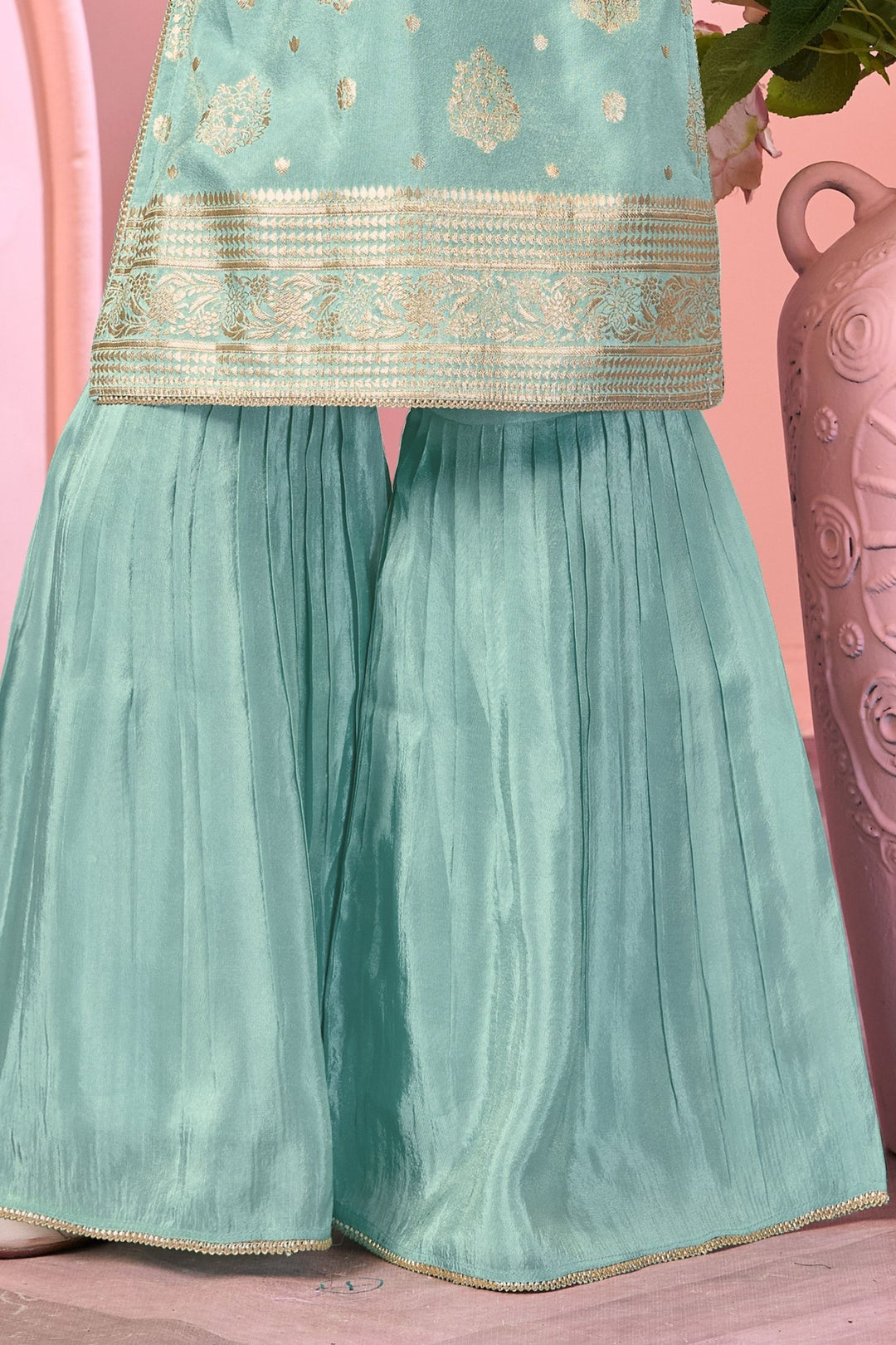 Sea Blue  Brocade, Zardozi, Beads and Sequins work Sharara Suit Set for Girls