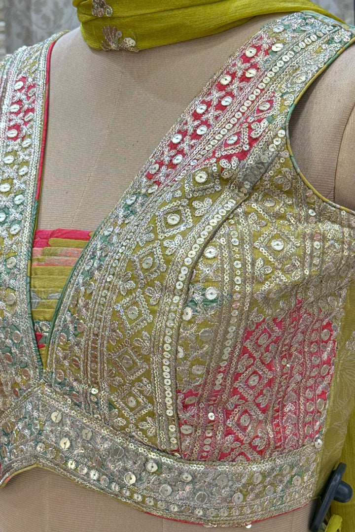 Liril Green Sequins and Zari work with Multicolor Digital Print Crop Top Lehenga