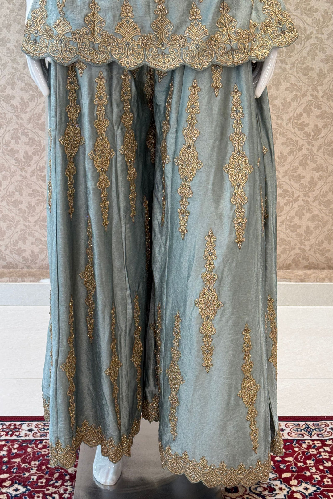 Sea Blue Palazzo Salwar Suit with Stone, Zari and Embroidery Detailing