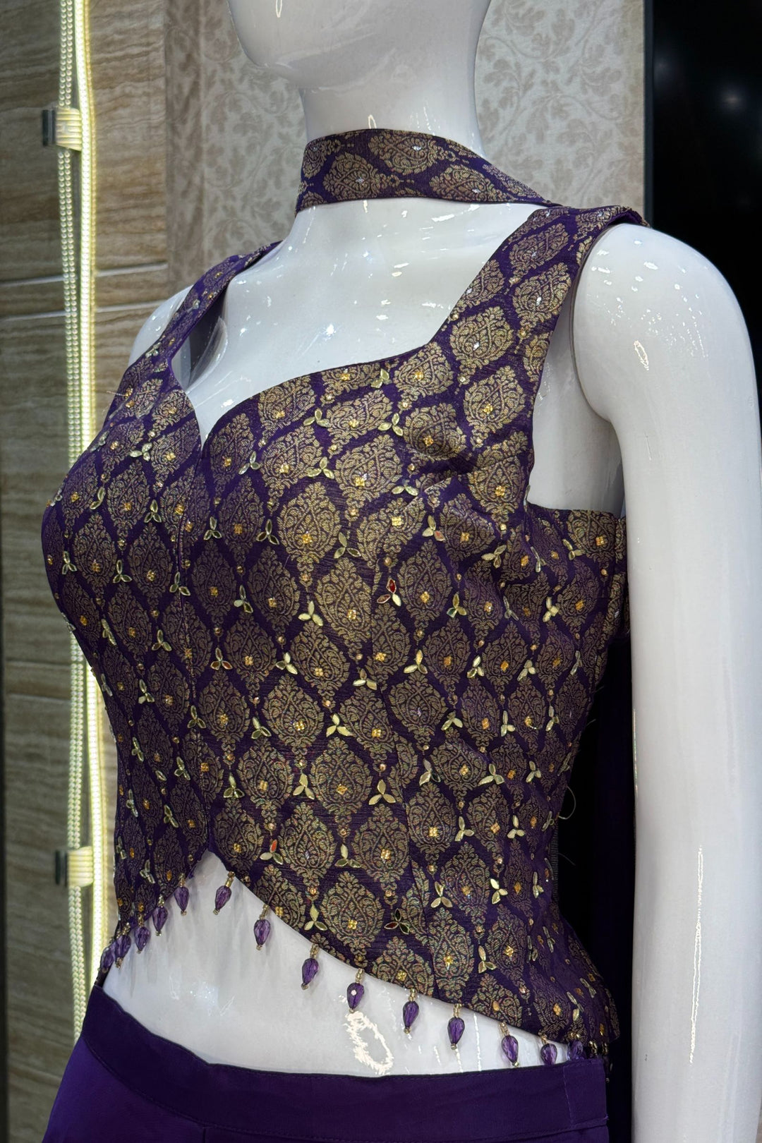 Purple Mirror, Stone and Banaras work Palazzo Suit Set