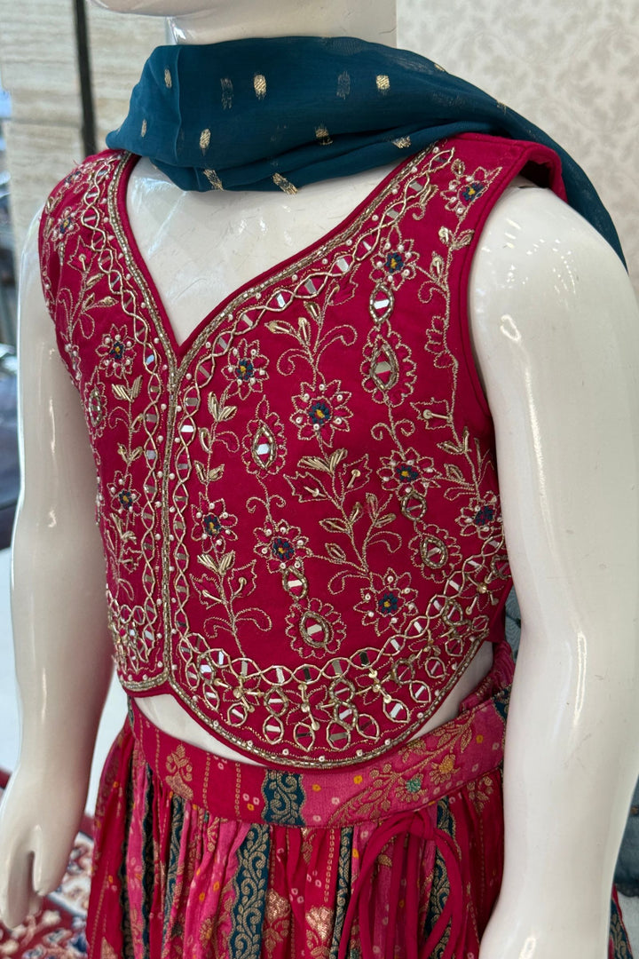 Rani Pink Mirror, Zardozi, Zari, Beads and Banaras work Lehenga Choli for Girls